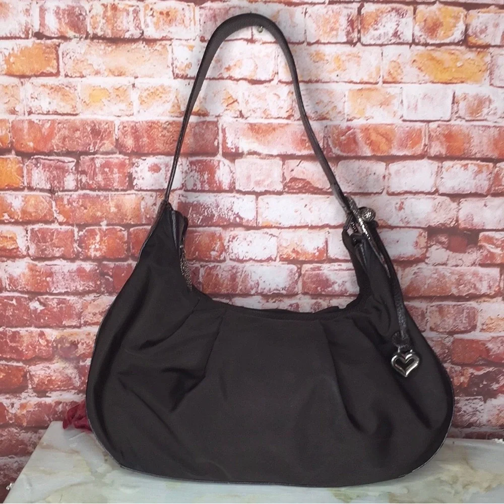 Brighton Large Chocolate Black Nylon & Patent Leather Hobo Handbag Pur…
